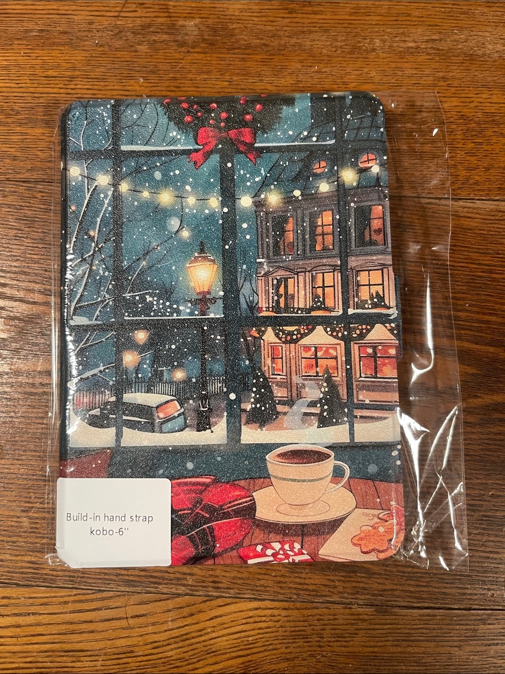 Festive Holiday Kobo Clara e-reader Cover - Winter Window Scene in Blue & Red